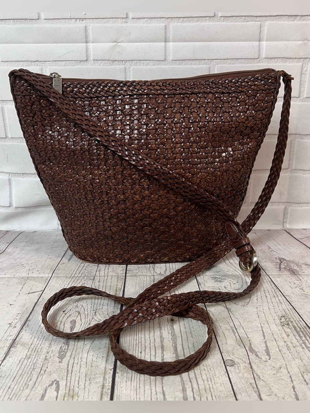 Vintage CEM Brown Woven Leather Bucket Bag Crossbody Structured Base Boho 1980s